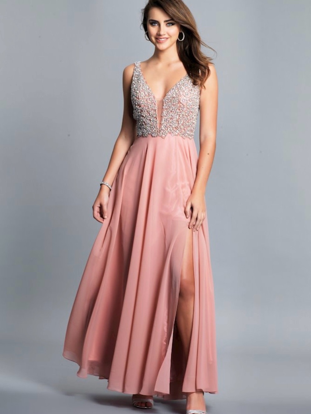 *New Dave & Johnny Mauve Beaded Rhinestone Chiffon Formal Gown Size 0